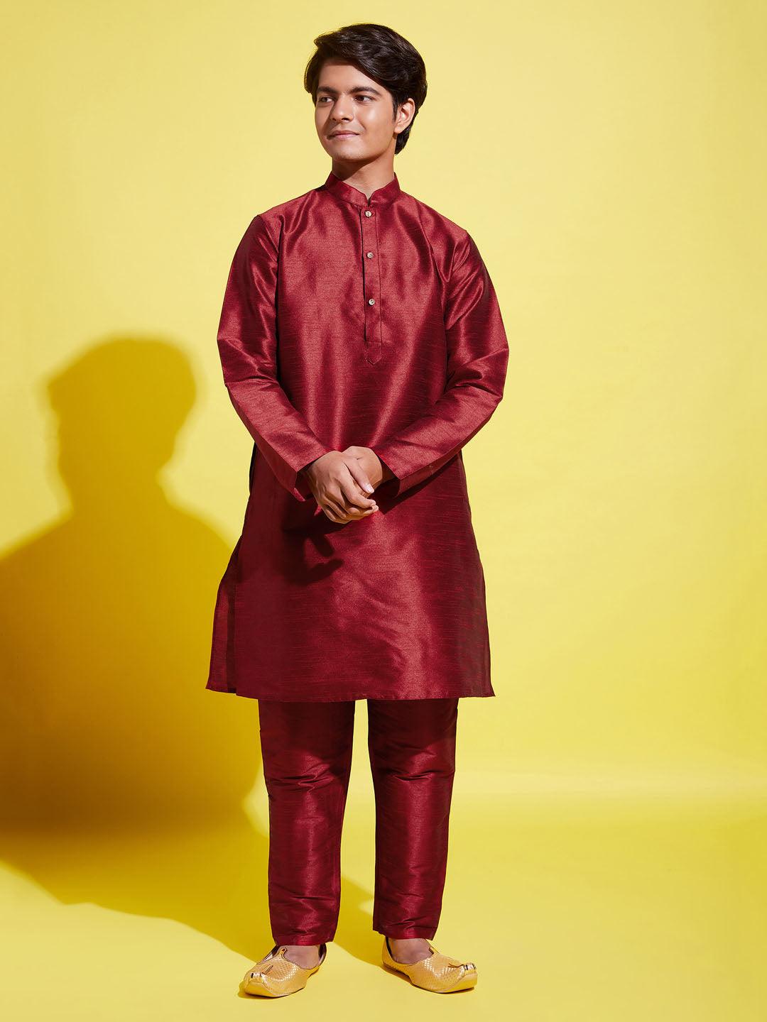 YUVA BY VASTRAMAY Boys' Maroon Silk Blend Kurta and Pyjama Set - qivii