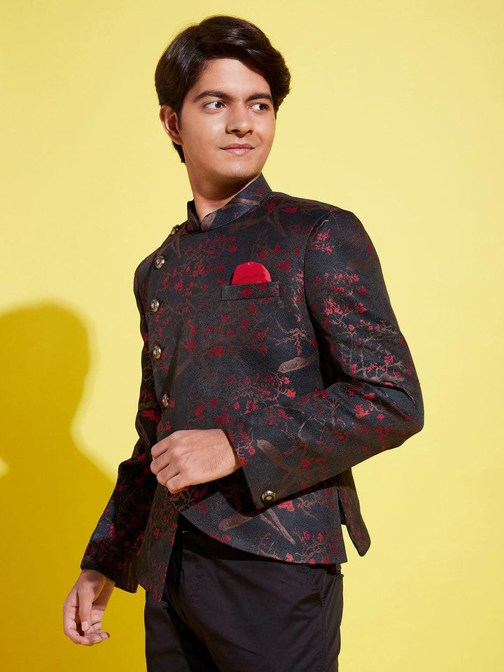 YUVA BY Vastramay Boys Maroon Woven Design Silk Blend Bandhgala Blazer - qivii