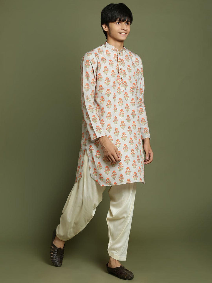 YUVA BY VASTRAMAY Boys' Multicolor-Base-Beige And Cream Kurta Patiala Set - qivii