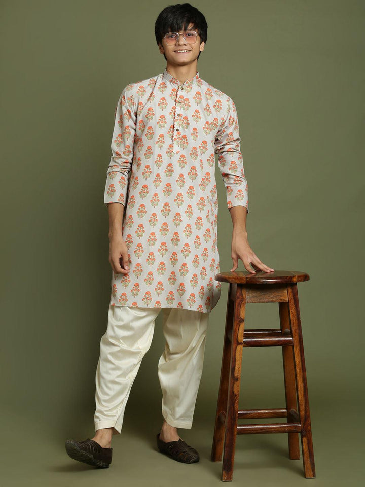 YUVA BY VASTRAMAY Boys' Multicolor-Base-Beige And Cream Kurta Patiala Set - qivii