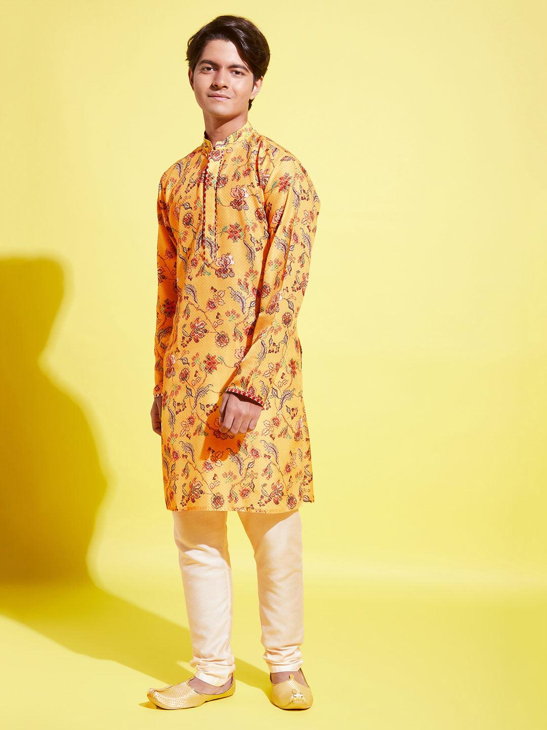 YUVA BY Vastramay Boys' Multicolor-Base-Mustard And Cream Kurta Pyjama Set - qivii