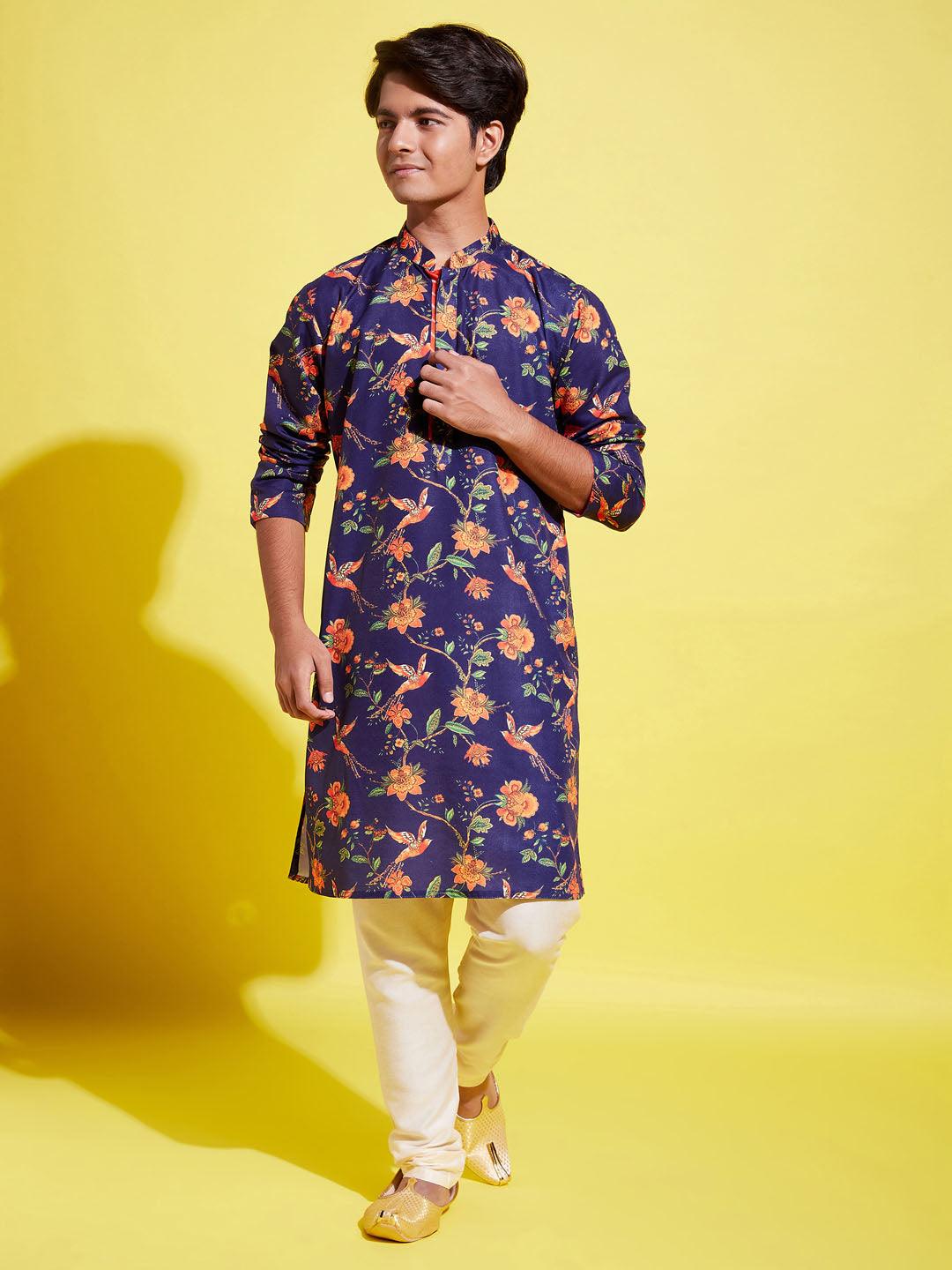 YUVA BY Vastramay Boys' Multicolor-Base-Navy Blue Kurta and Pyjama Set With Leheria Border - qivii