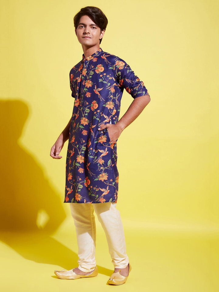 YUVA BY Vastramay Boys' Multicolor-Base-Navy Blue Kurta and Pyjama Set With Leheria Border - qivii