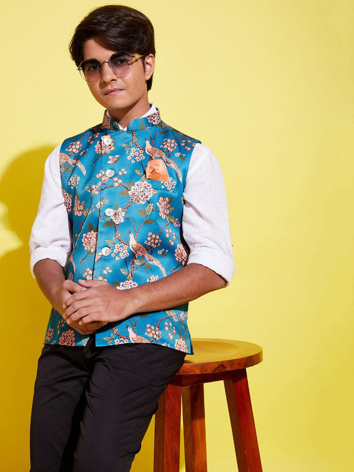 YUVA BY VASTRAMAY Boys Multicolor-Base-Peach Floral Printed Nehru Jacket - qivii