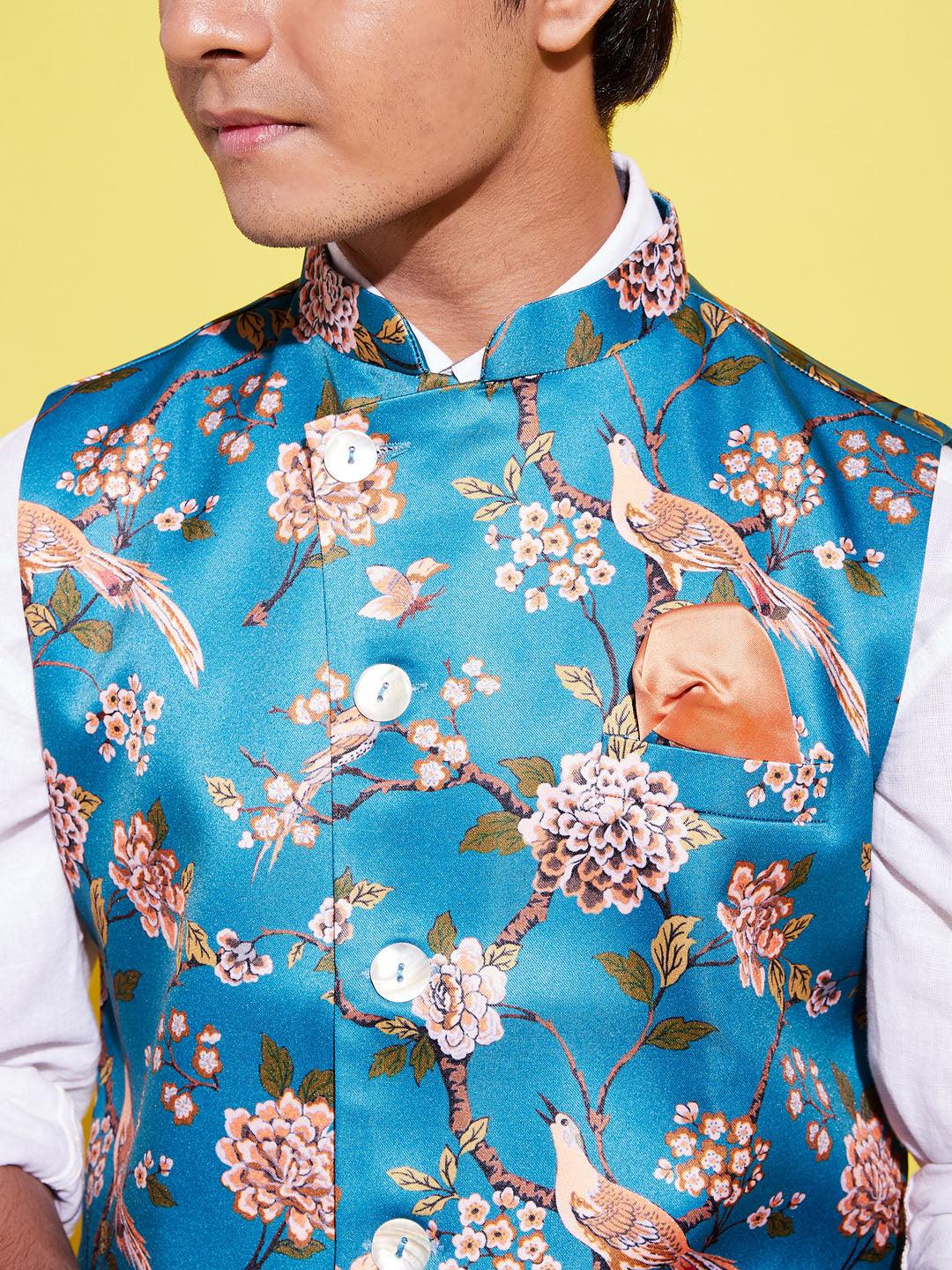 YUVA BY VASTRAMAY Boys Multicolor-Base-Peach Floral Printed Nehru Jacket - qivii