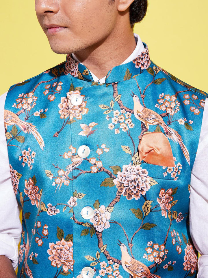 YUVA BY VASTRAMAY Boys Multicolor-Base-Peach Floral Printed Nehru Jacket - qivii