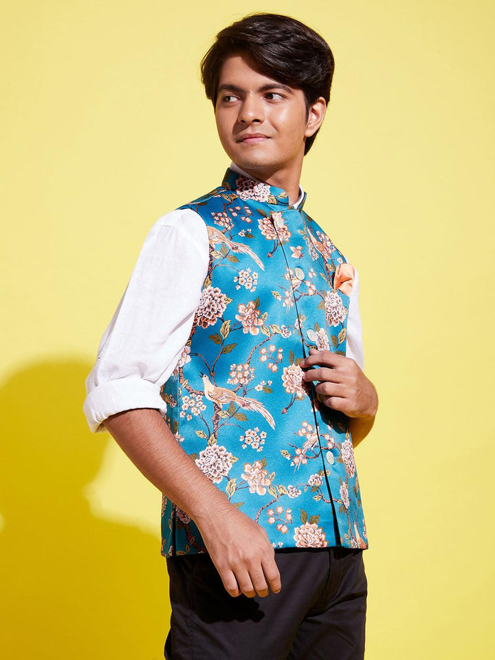 YUVA BY VASTRAMAY Boys Multicolor-Base-Peach Floral Printed Nehru Jacket - qivii