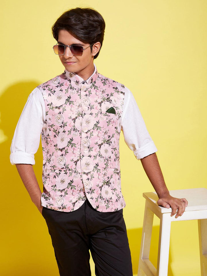 YUVA BY VASTRAMAY Boys Multicolor-Base-Pink Floral Printed Nehru Jacket - qivii