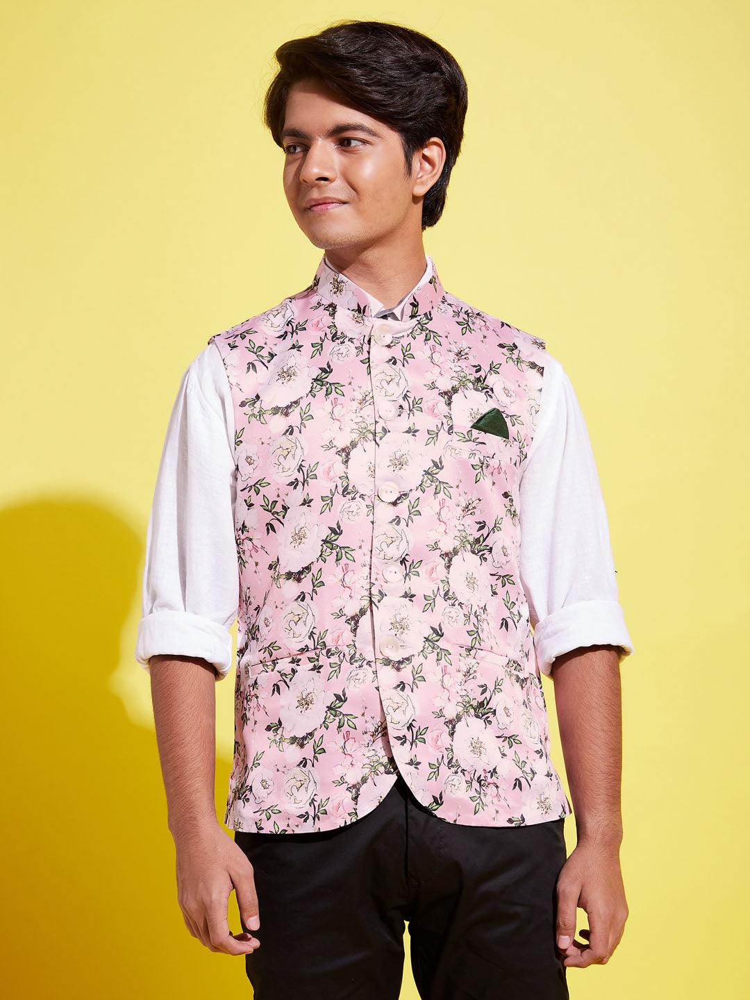 YUVA BY VASTRAMAY Boys Multicolor-Base-Pink Floral Printed Nehru Jacket - qivii