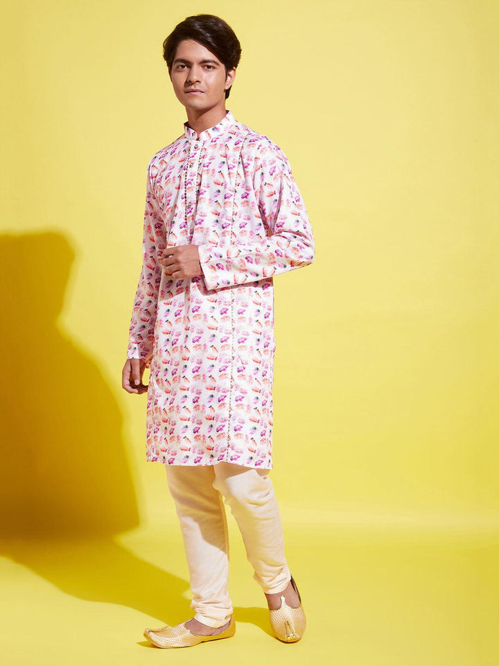 YUVA BY VASTRAMAY Boys Multicolor-Base-White Cotton Blend Kurta and Pyjama Set - qivii