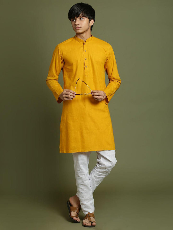 YUVA By VASTRAMAY Boys Mustard And White Kurta Pyjama Set - qivii