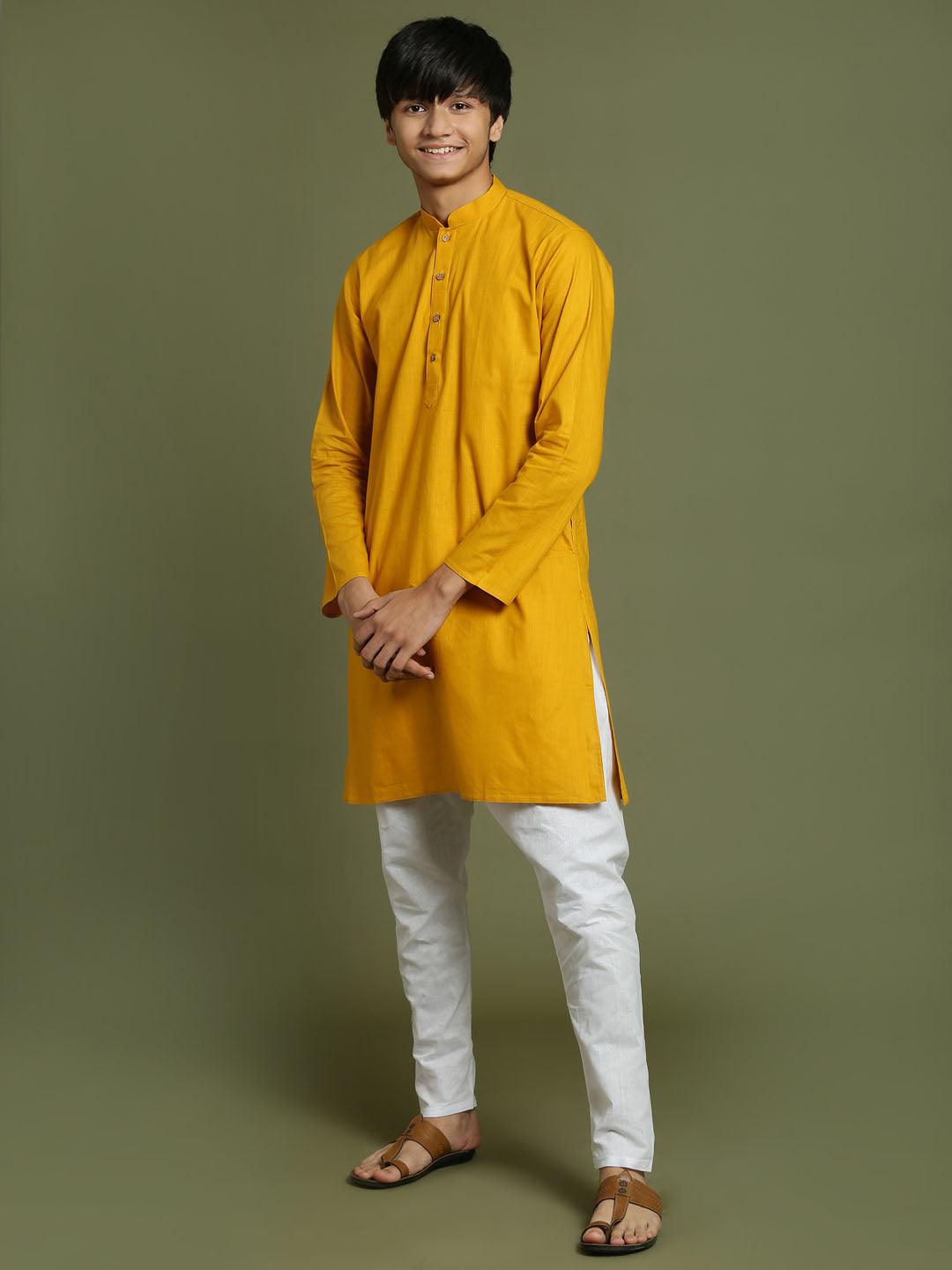 YUVA By VASTRAMAY Boys Mustard And White Kurta Pyjama Set - qivii