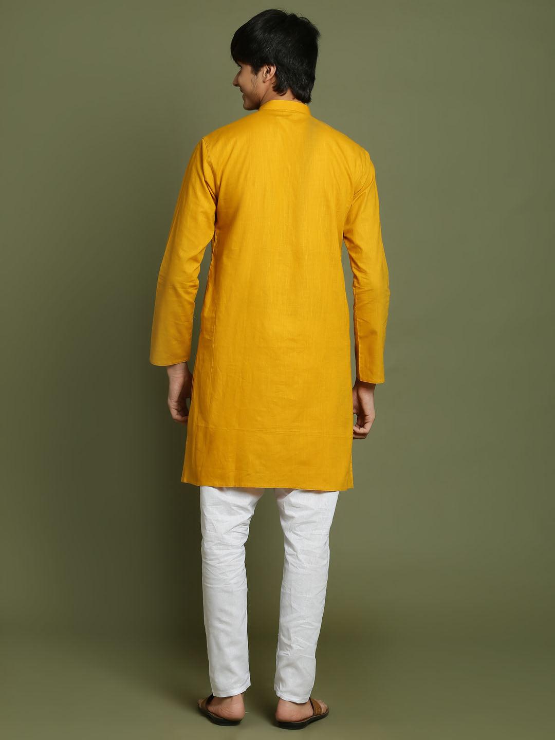 YUVA By VASTRAMAY Boys Mustard And White Kurta Pyjama Set - qivii