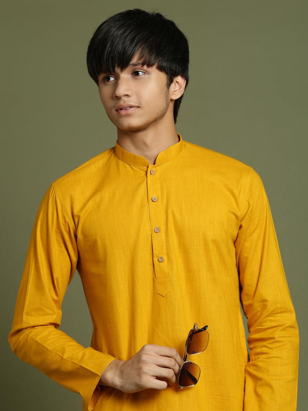 YUVA By VASTRAMAY Boys Mustard And White Kurta Pyjama Set - qivii