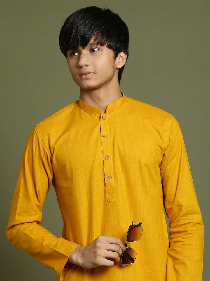 YUVA By VASTRAMAY Boys Mustard And White Kurta Pyjama Set - qivii