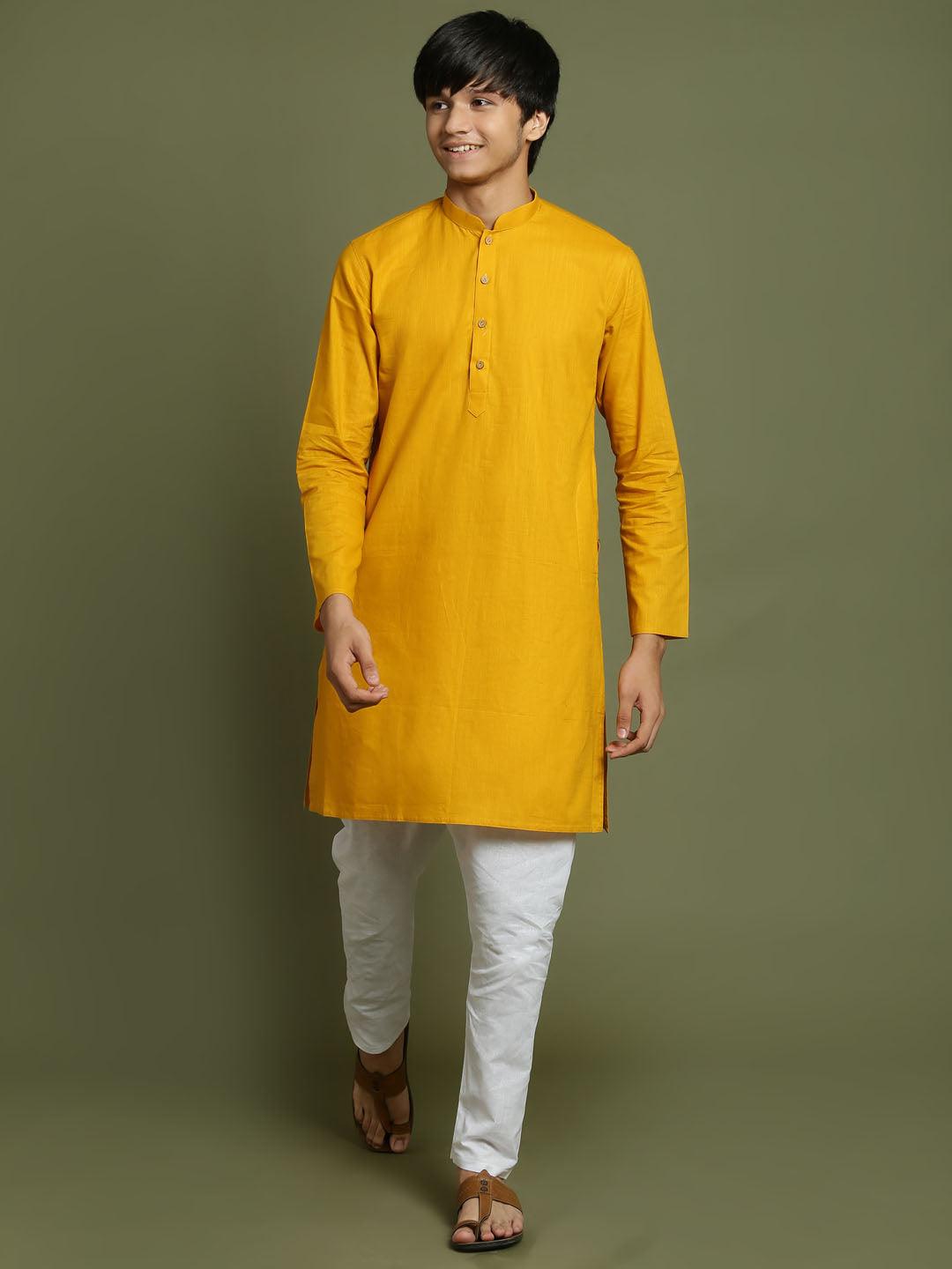 YUVA By VASTRAMAY Boys Mustard And White Kurta Pyjama Set - qivii