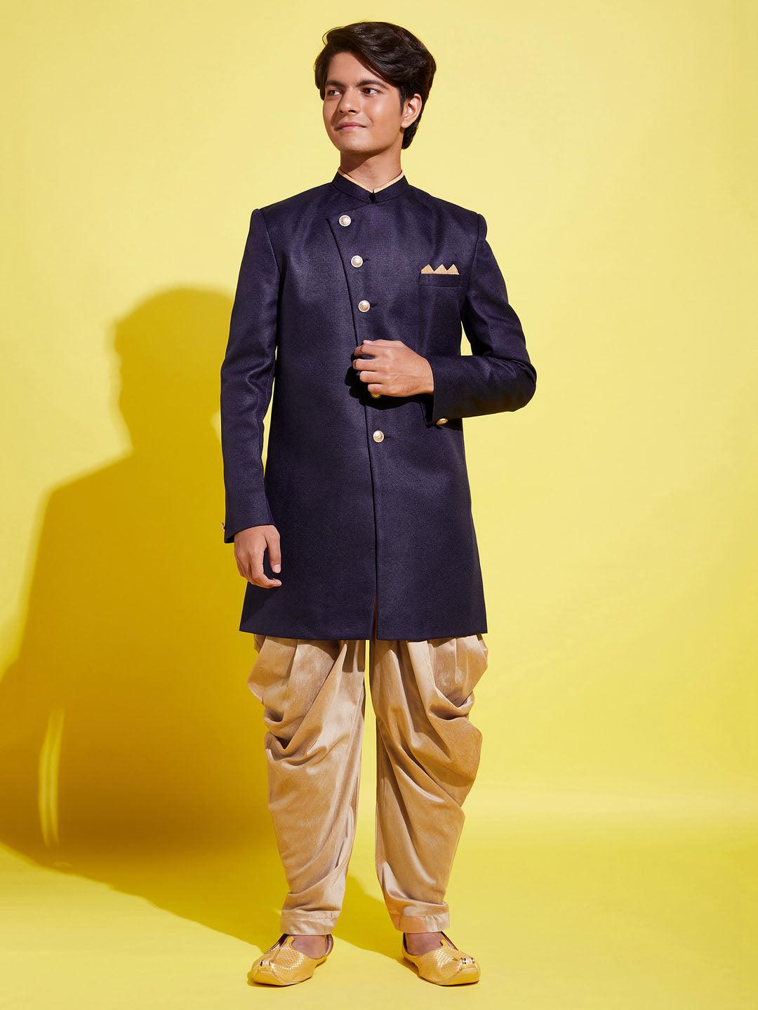 YUVA BY VASTRAMAY Boys Navy Blue And Rose Gold Indowestern Set - qivii