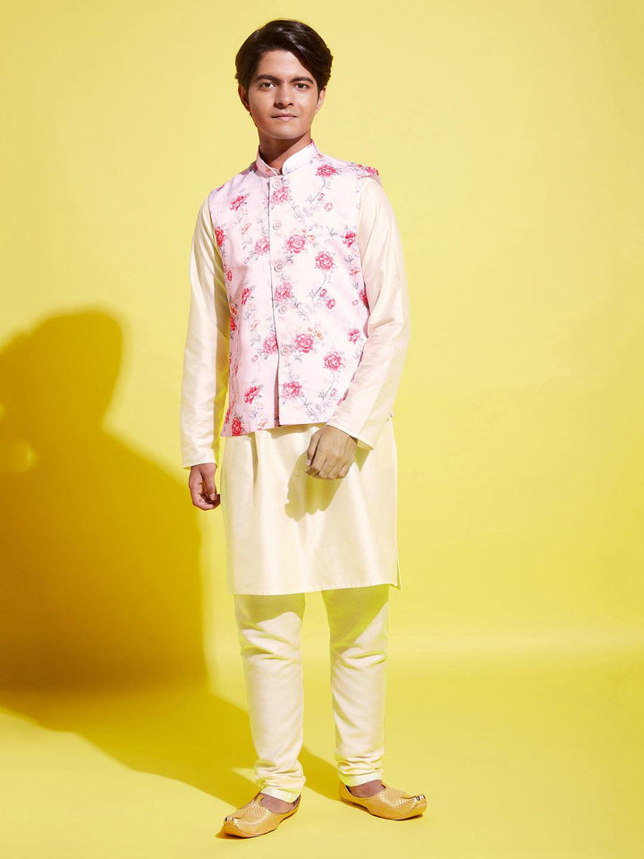 YUVA BY Vastramay Boys Peach Floral Printed Nehru Jacket With Cream Kurta And Pyjama Set - qivii