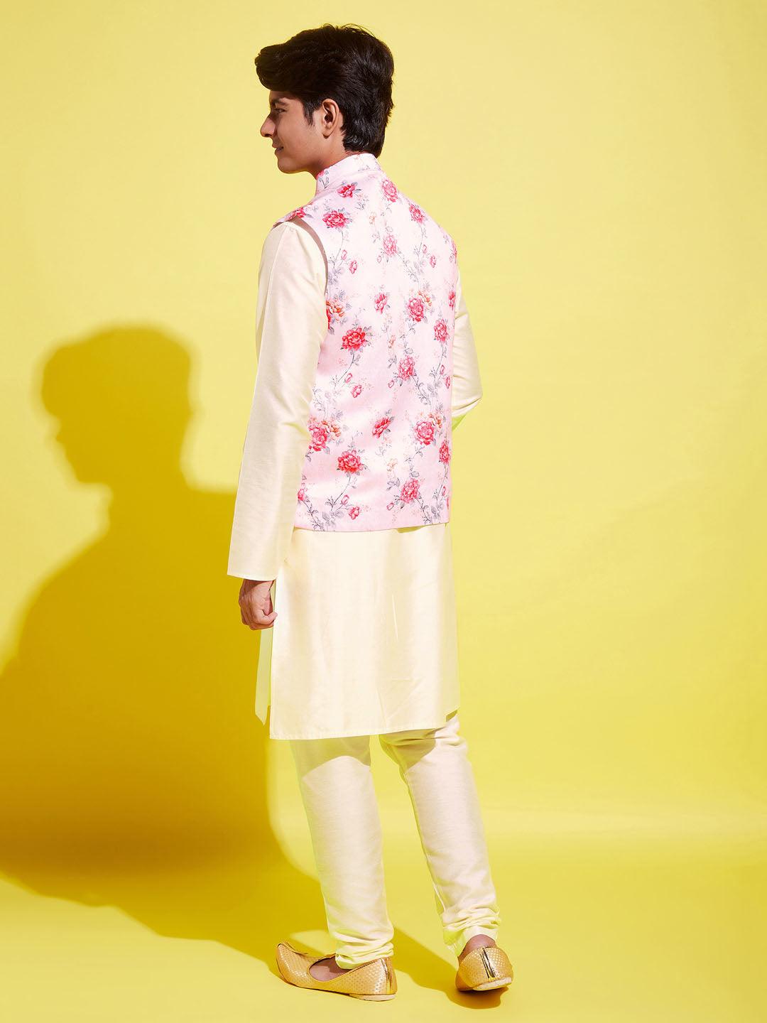 YUVA BY Vastramay Boys Peach Floral Printed Nehru Jacket With Cream Kurta And Pyjama Set - qivii