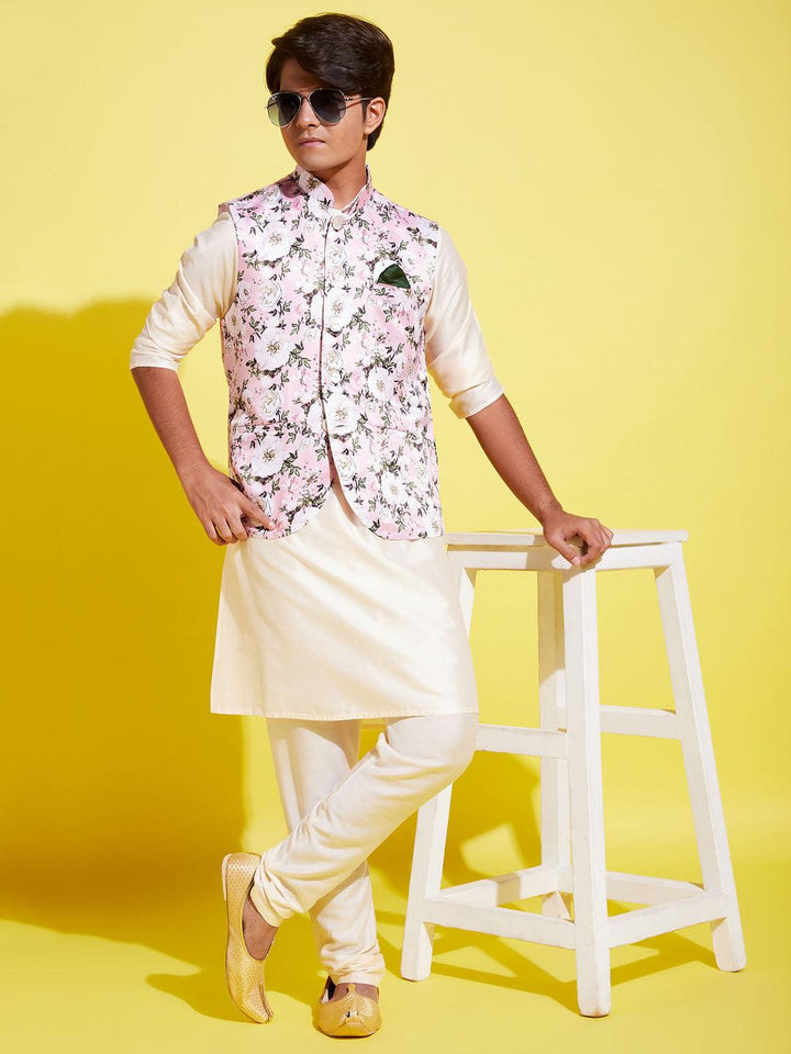 YUVA BY Vastramay Boys Pink Floral Printed Nehru Jacket With Cream Kurta And Pyjama Set - qivii