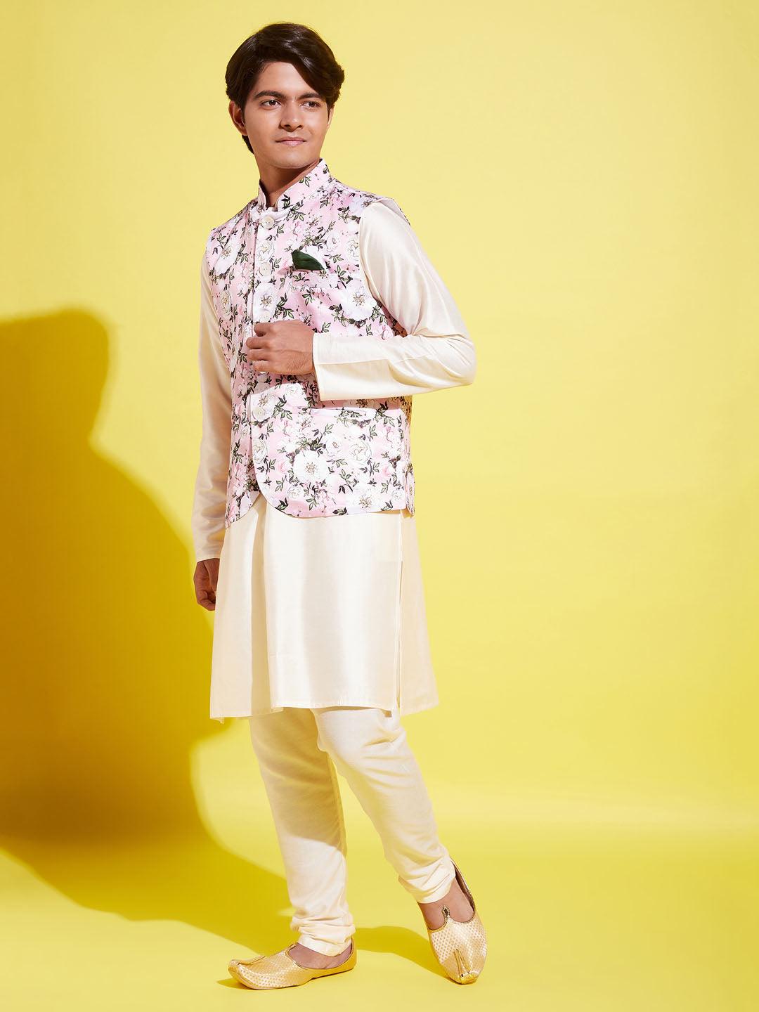 YUVA BY Vastramay Boys Pink Floral Printed Nehru Jacket With Cream Kurta And Pyjama Set - qivii