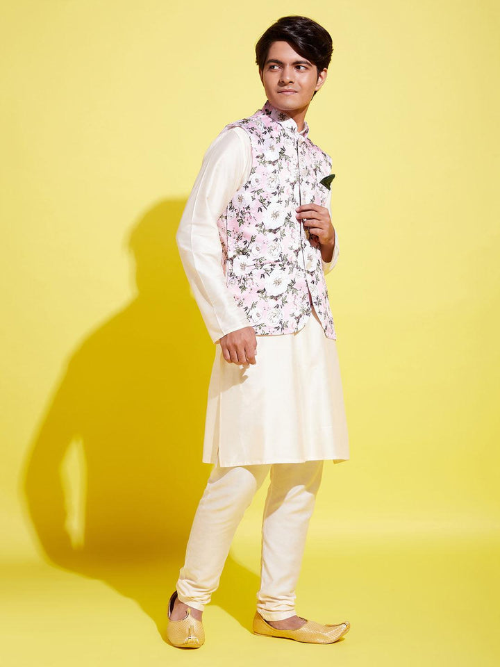 YUVA BY Vastramay Boys Pink Floral Printed Nehru Jacket With Cream Kurta And Pyjama Set - qivii