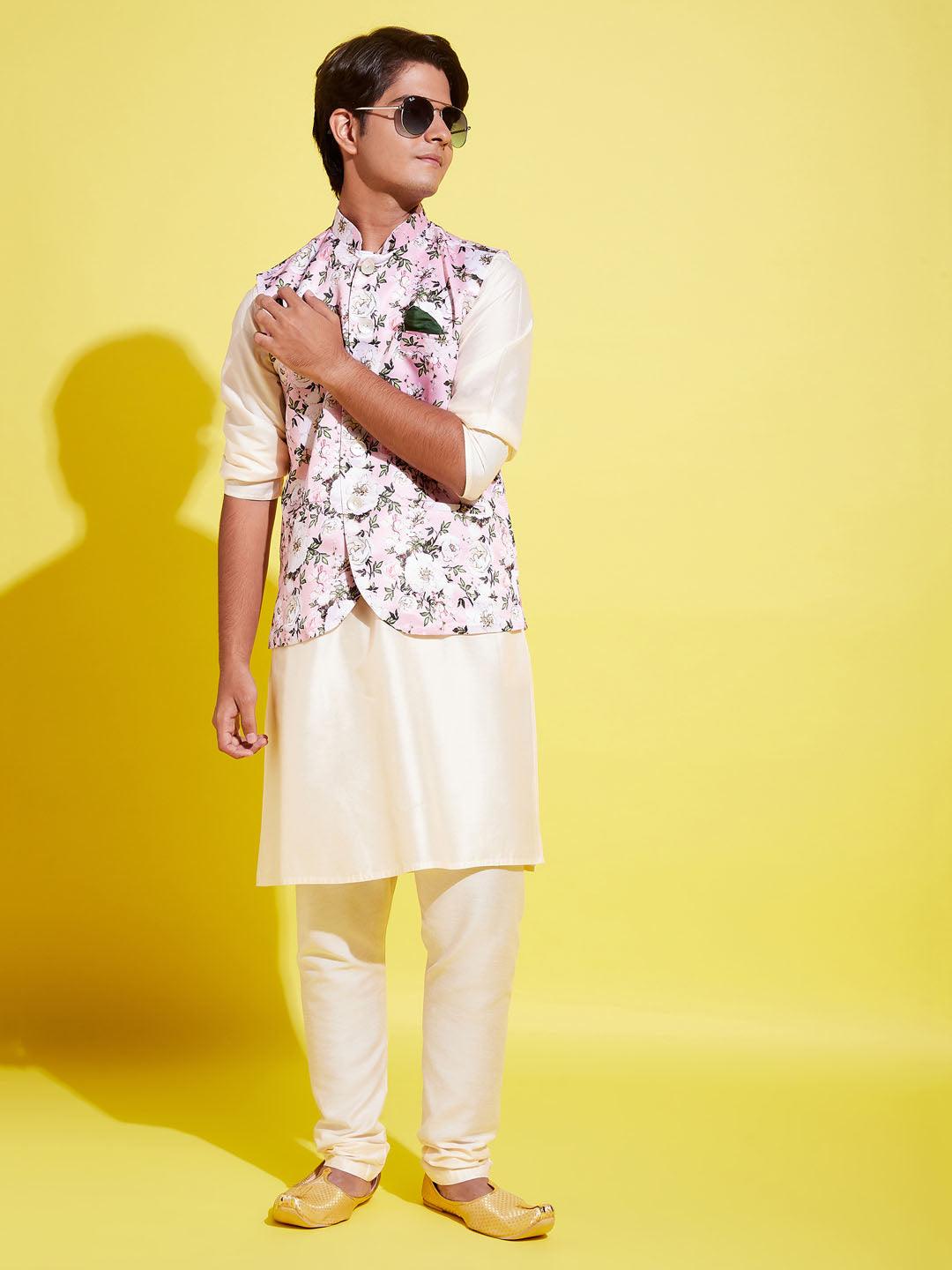 YUVA BY Vastramay Boys Pink Floral Printed Nehru Jacket With Cream Kurta And Pyjama Set - qivii