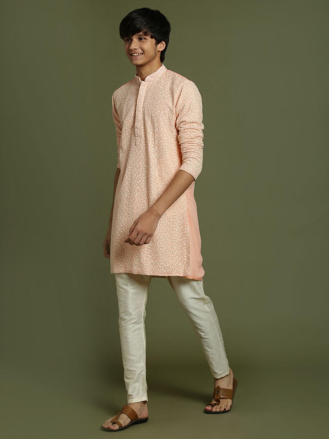 YUVA BY VASTRAMAY Boys' Pink Georgette Chikankari Kurta Pyjama Set - qivii