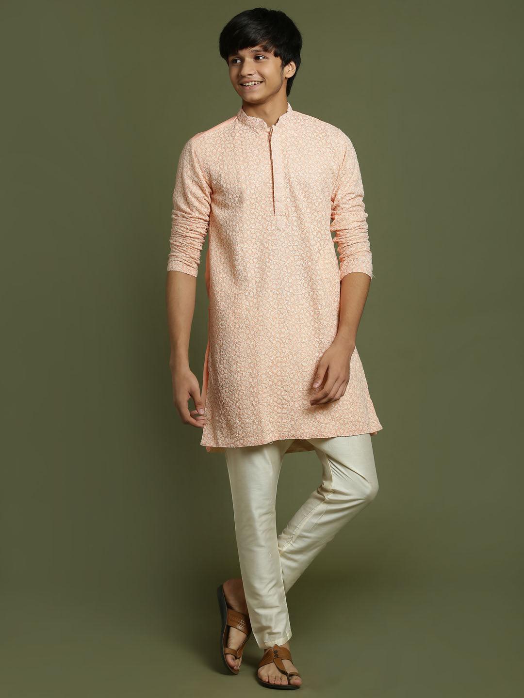 YUVA BY VASTRAMAY Boys' Pink Georgette Chikankari Kurta Pyjama Set - qivii