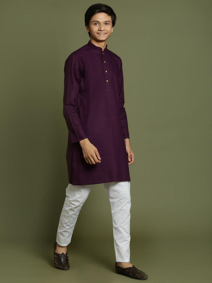 YUVA By VASTRAMAY Boys Purple And White Kurta Pyjama Set - qivii