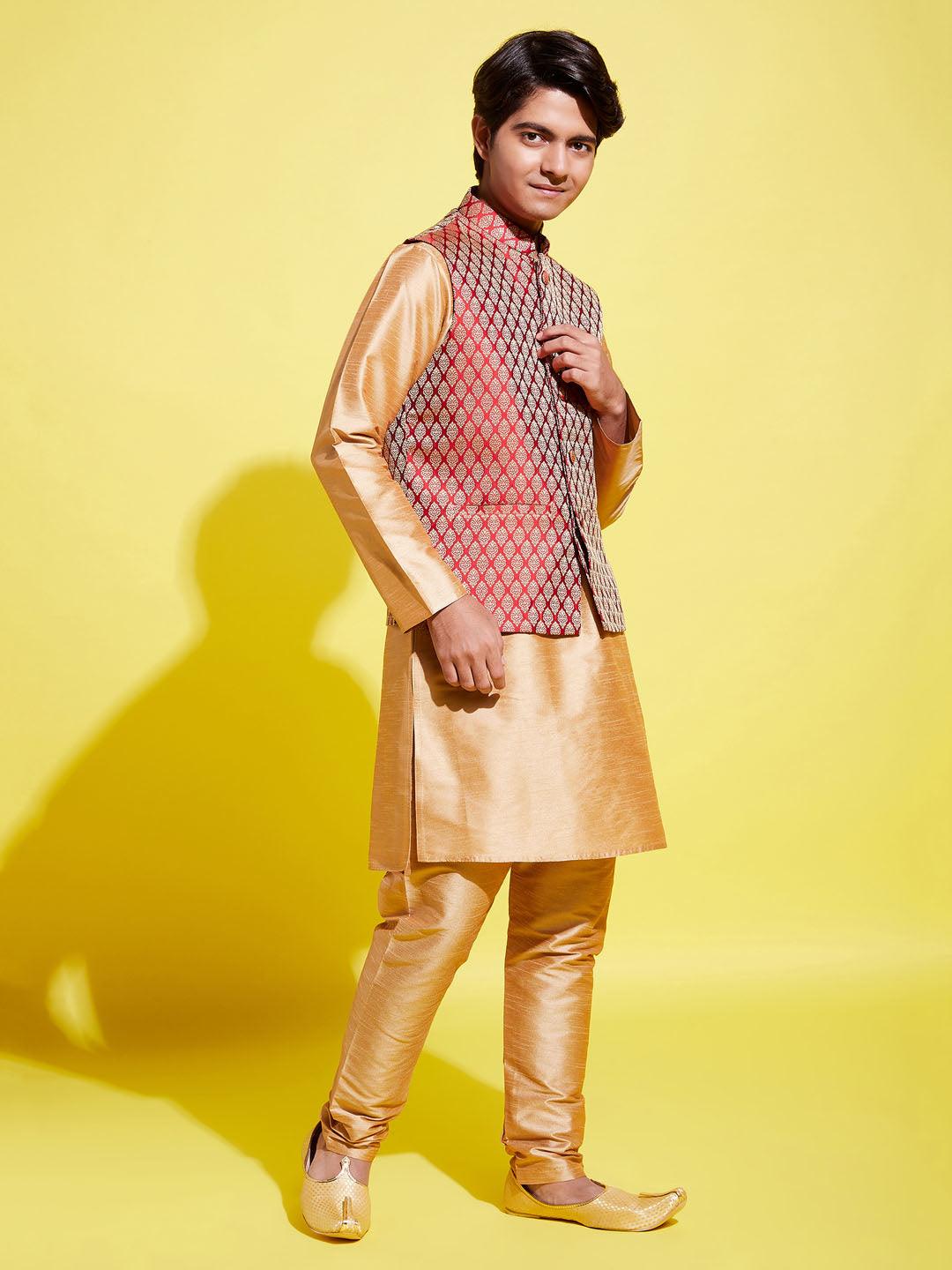 YUVA BY VASTRAMAY Boys' Rose Gold Silk Blend Kurt Pyjama And Maroon Nehru Jacket Set - qivii