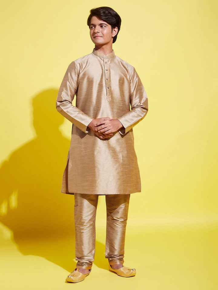 YUVA BY VASTRAMAY Boys' Rose Gold Silk Blend Kurta and Pyjama Set - qivii