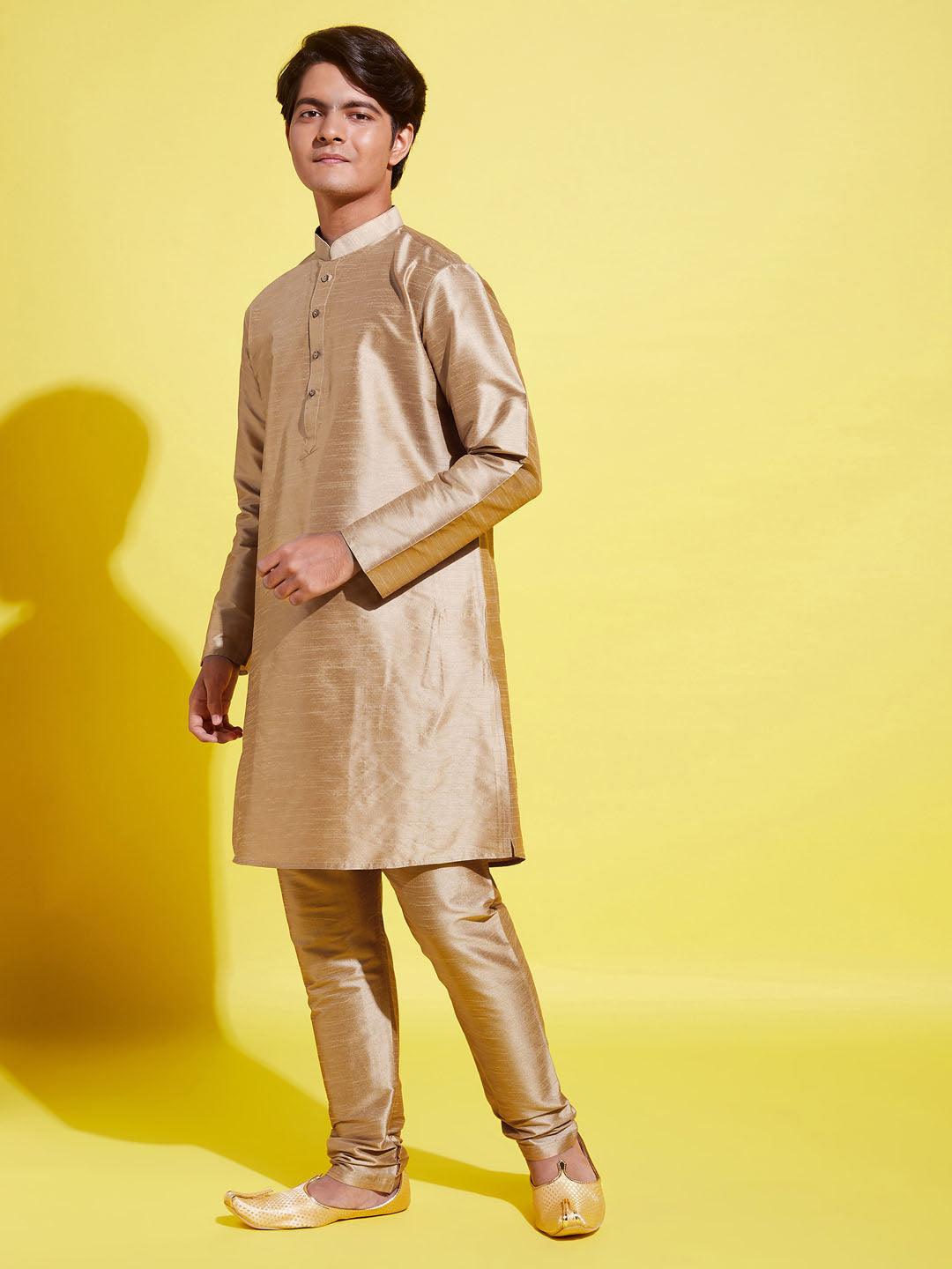 YUVA BY VASTRAMAY Boys' Rose Gold Silk Blend Kurta and Pyjama Set - qivii