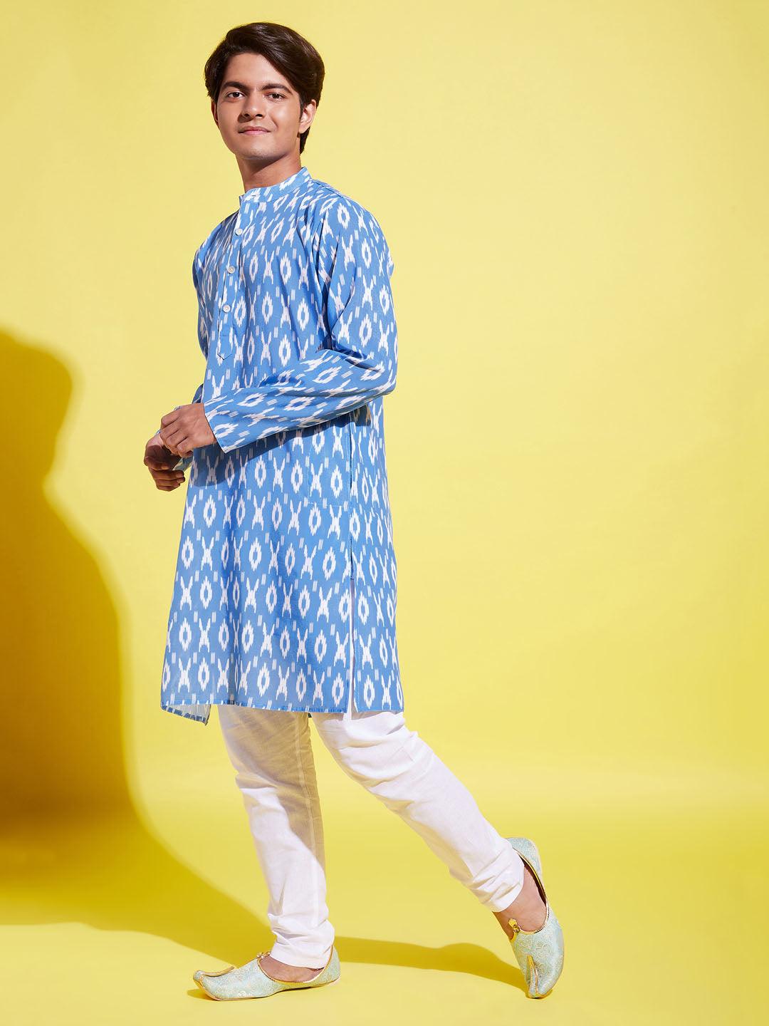 YUVA BY VASTRAMAY Boys Traditional Ikkat Print Flat Collar Kurta And Pyjama Set - qivii