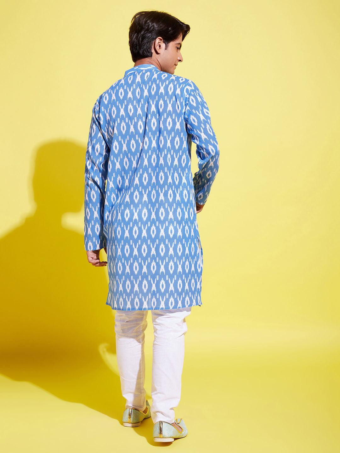 YUVA BY VASTRAMAY Boys Traditional Ikkat Print Flat Collar Kurta And Pyjama Set - qivii