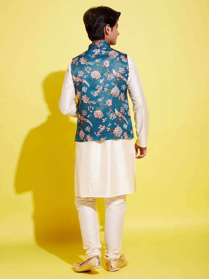 YUVA BY VASTRAMAY Boys Turquoise Blue & Green Printed Nehru Jacket With CreamKurta And Pyjama Set - qivii