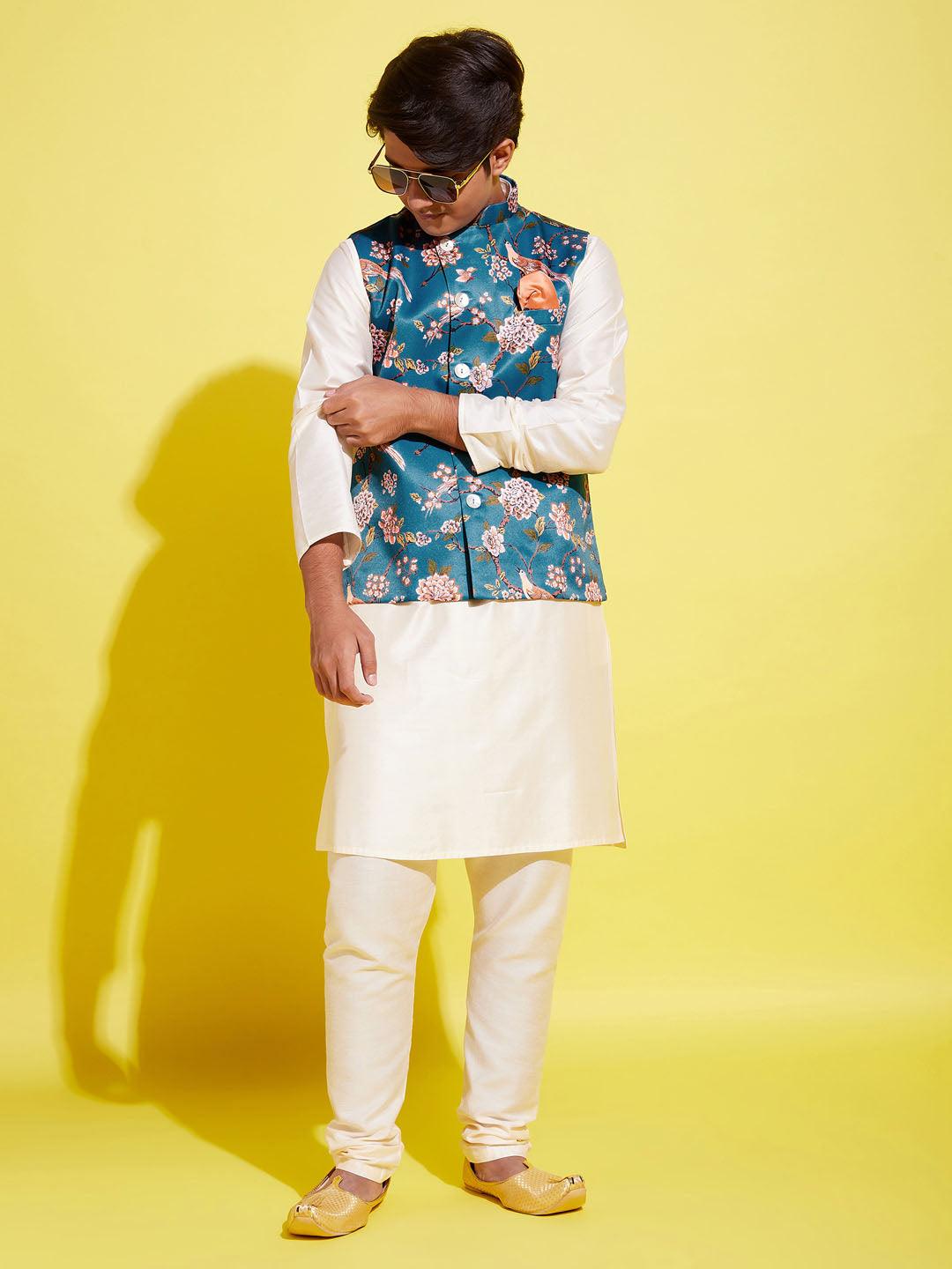 YUVA BY VASTRAMAY Boys Turquoise Blue & Green Printed Nehru Jacket With CreamKurta And Pyjama Set - qivii