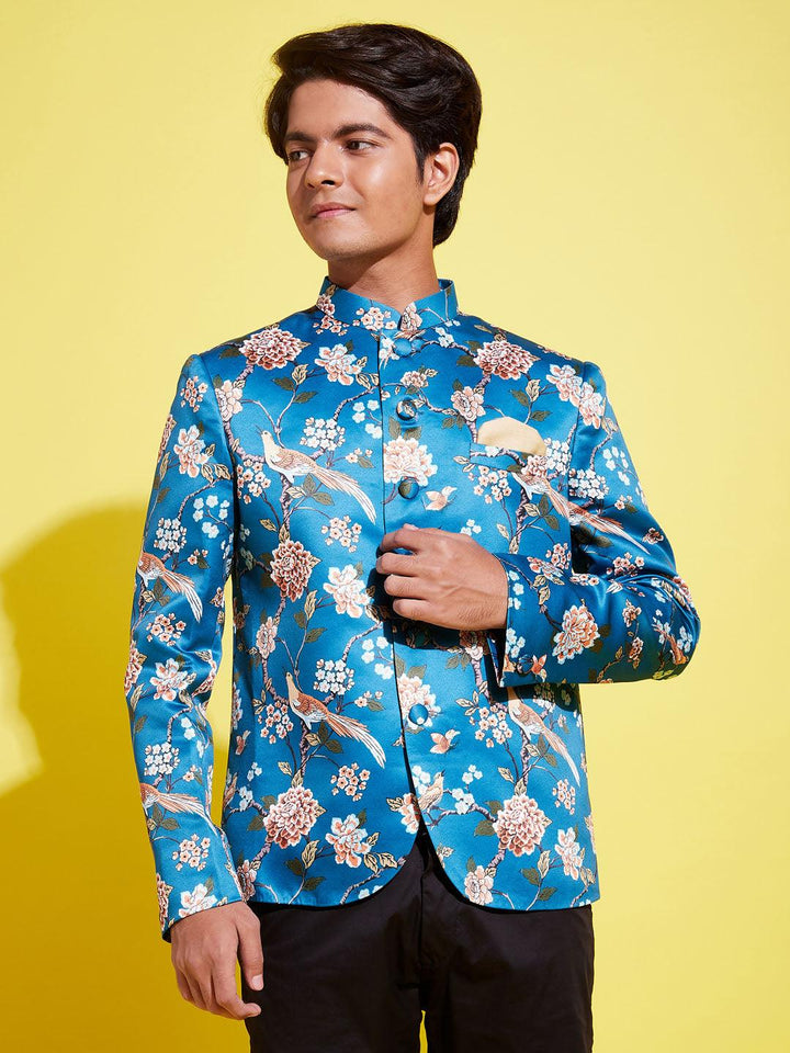 YUVA BY VASTRAMAY Boys Turquoise Blue Printed Bandhgala Blazer - qivii