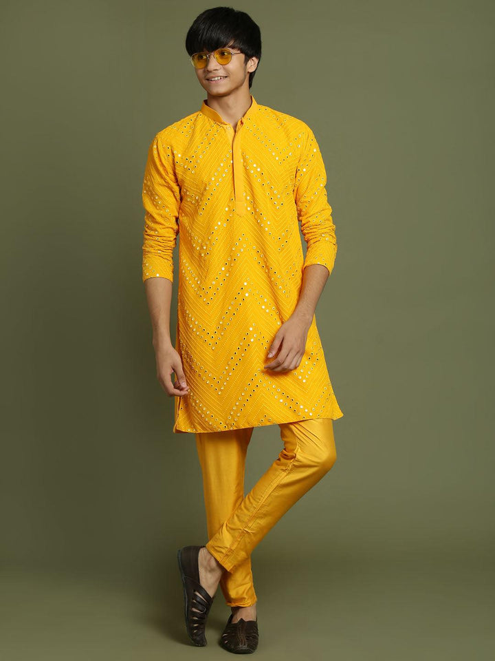 YUVA By VASTRAMAY Boys Yellow Mirror Work Georgette Kurta And Pyjama Set - qivii