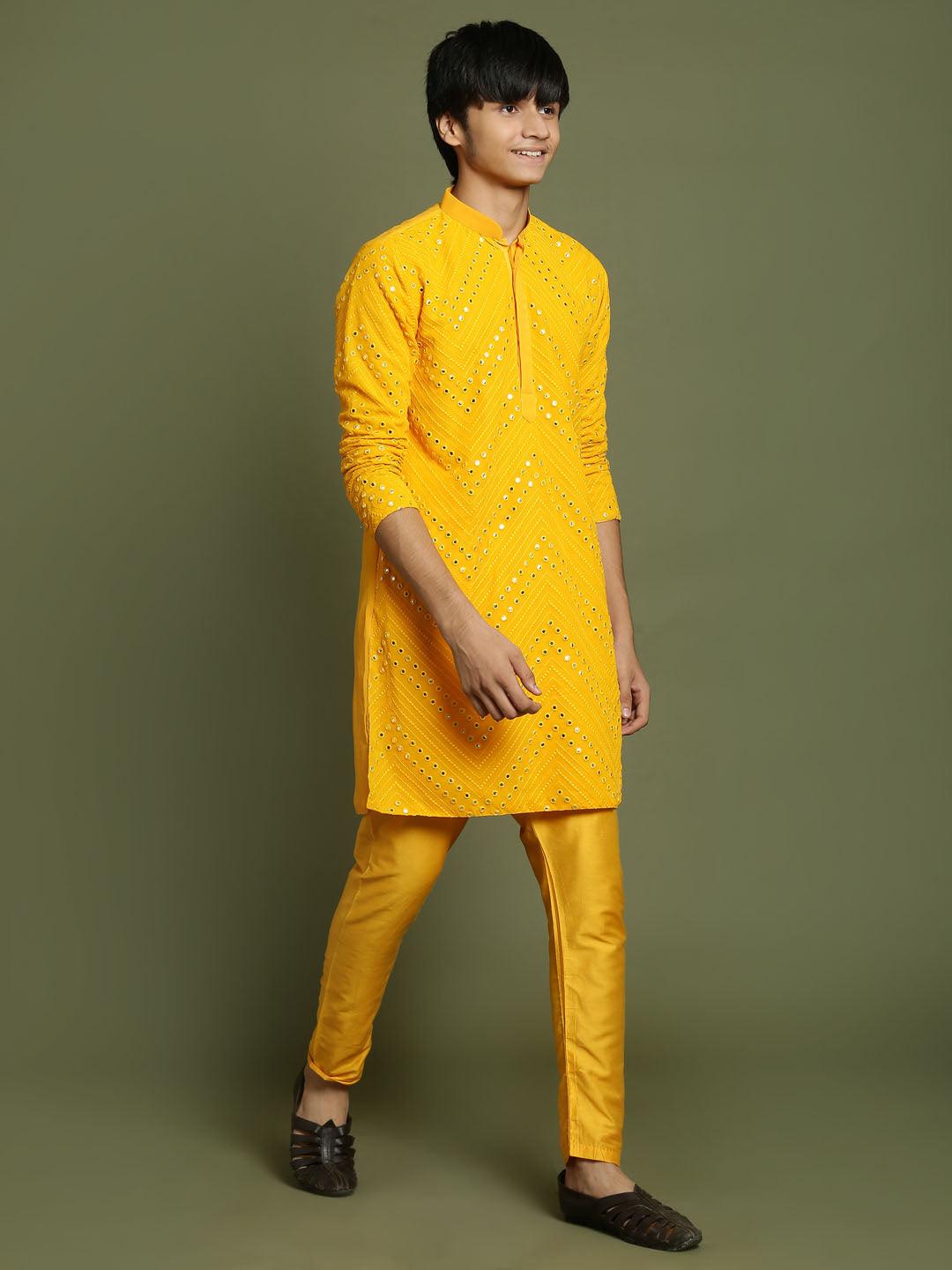 YUVA By VASTRAMAY Boys Yellow Mirror Work Georgette Kurta And Pyjama Set - qivii