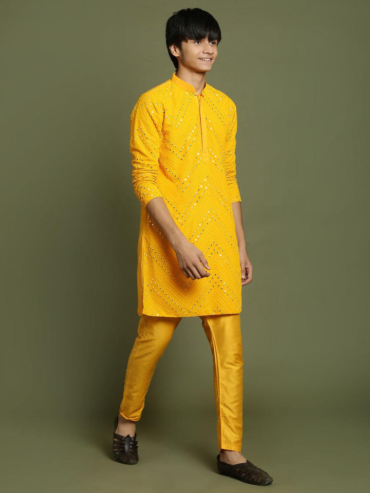 YUVA By VASTRAMAY Boys Yellow Mirror Work Georgette Kurta And Pyjama Set - qivii