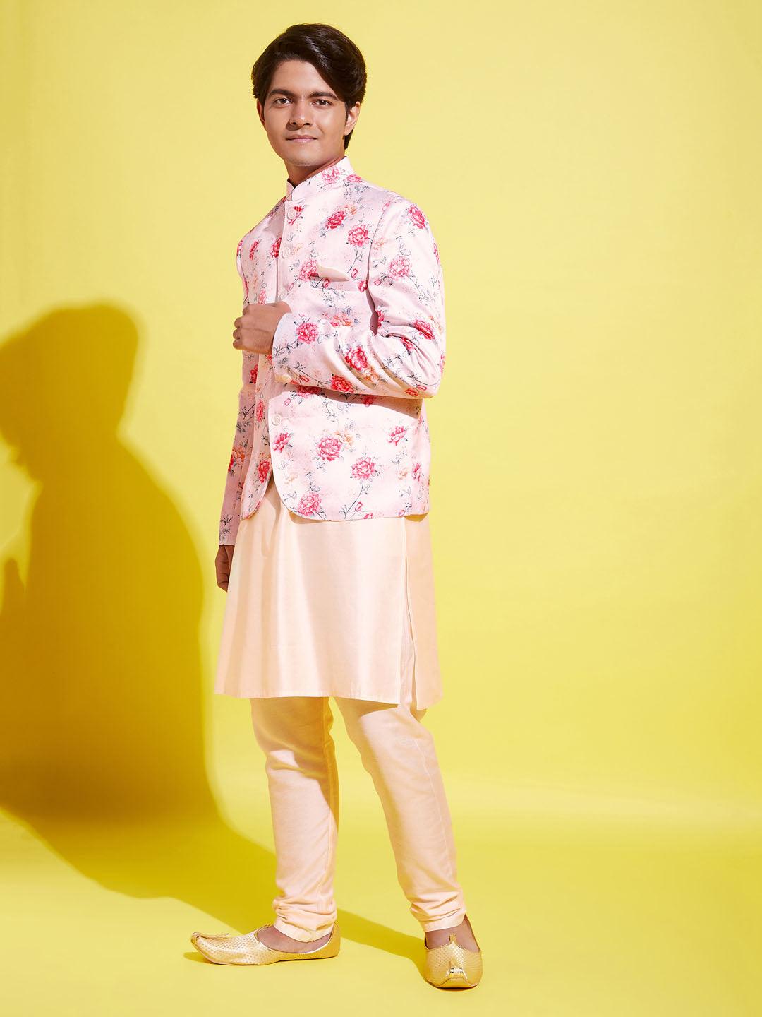 YUVA BY VASTRAMAY Floral Printed Peach Bandhgala Prince Coat Jodhpuri With Cream Kurta Pyjama Set - qivii