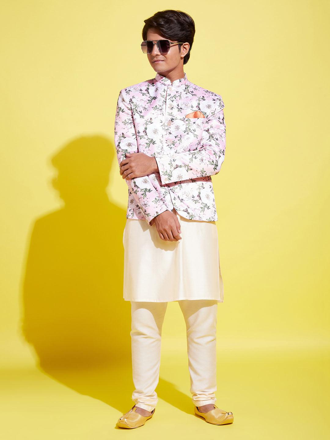 YUVA BY VASTRAMAY Floral Printed Pink Bandhgala Prince Coat Jodhpuri With Cream Kurta Pyjama Set - qivii