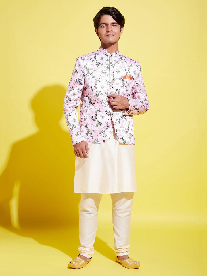 YUVA BY VASTRAMAY Floral Printed Pink Bandhgala Prince Coat Jodhpuri With Cream Kurta Pyjama Set - qivii