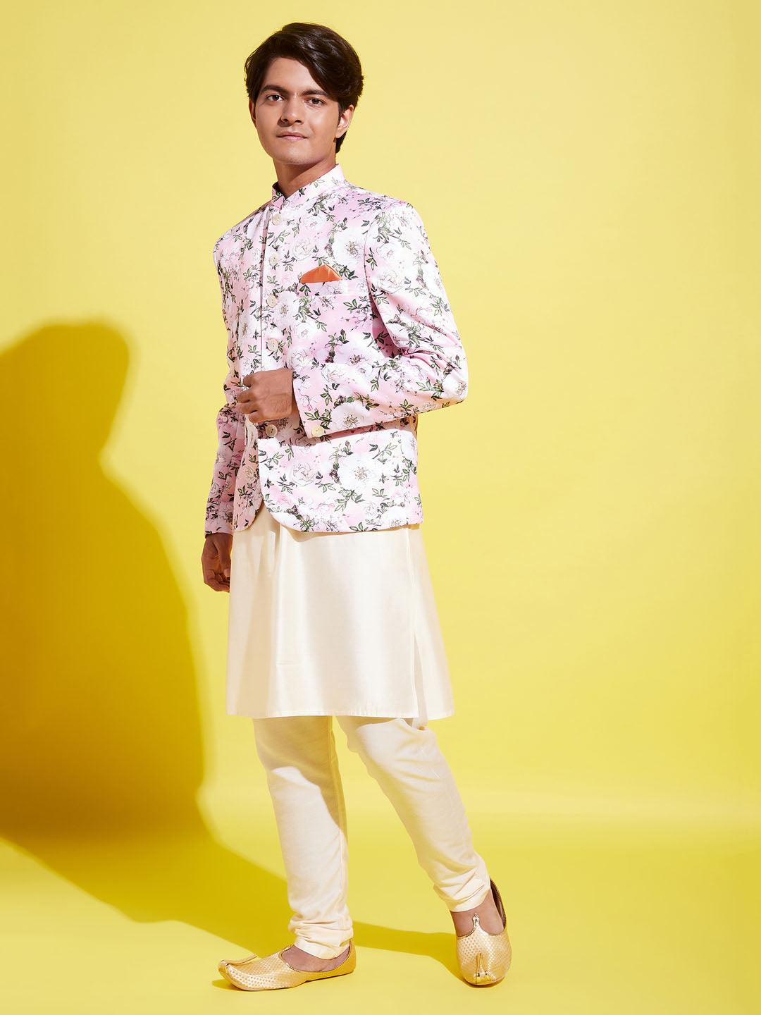 YUVA BY VASTRAMAY Floral Printed Pink Bandhgala Prince Coat Jodhpuri With Cream Kurta Pyjama Set - qivii