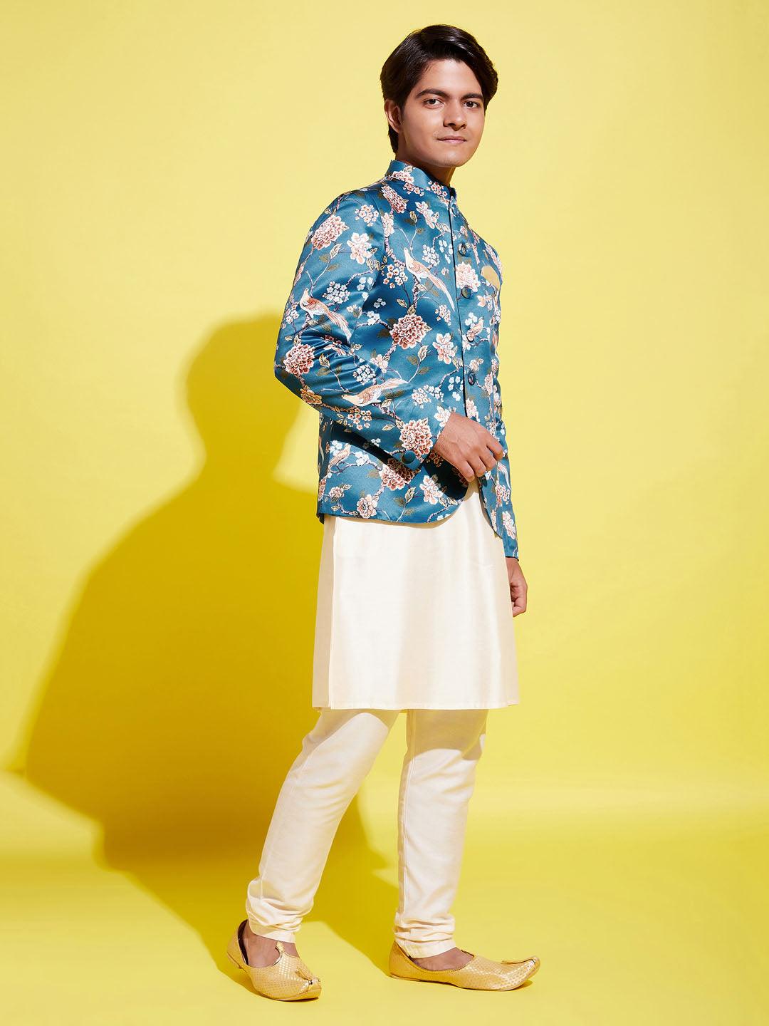 YUVA BY VASTRAMAY Floral Printed Turquoise Blue Bandhgala Prince Coat Jodhpuri With Cream Kurta Pyjama Set - qivii