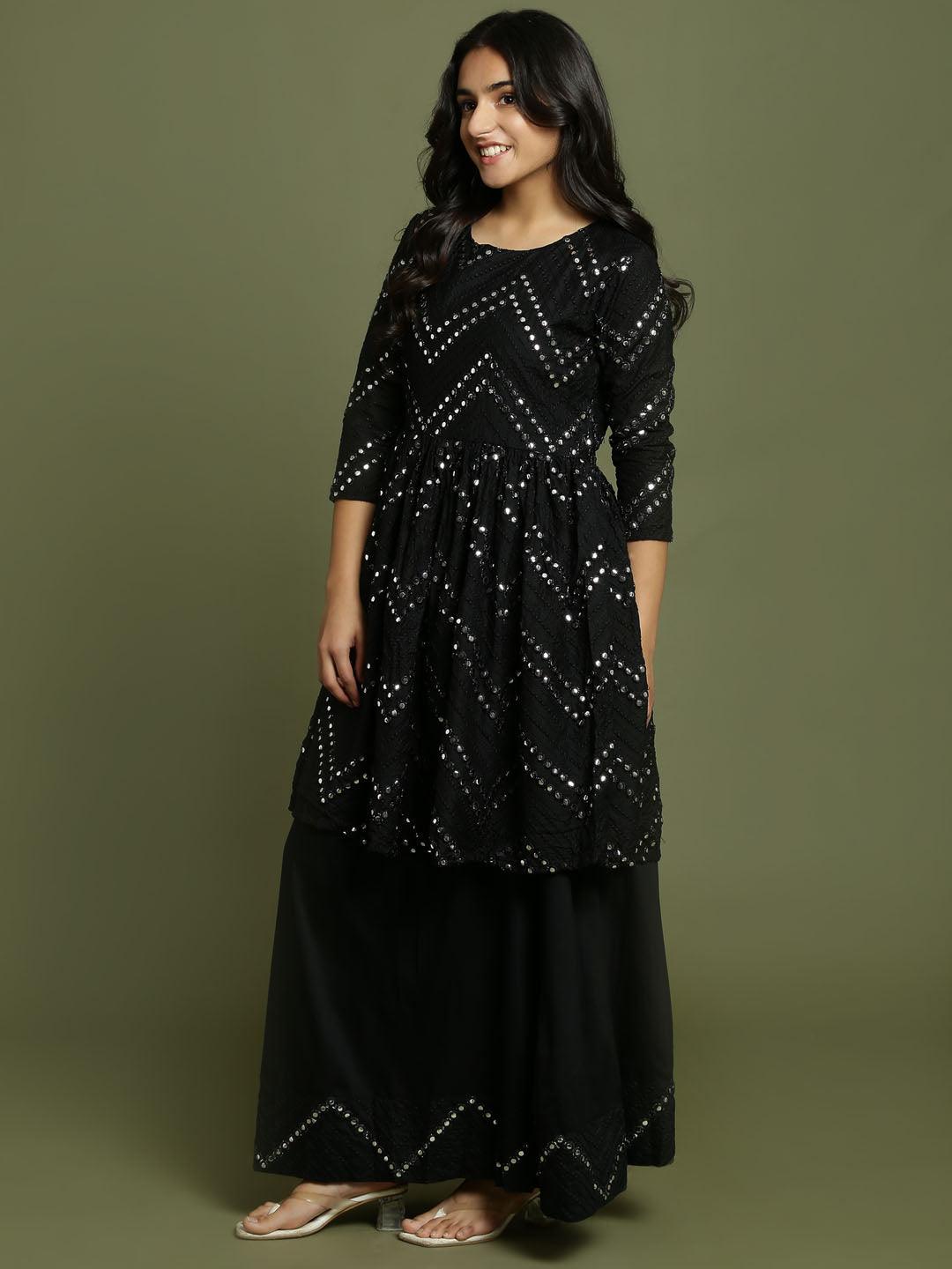 Yuva By VASTRAMAY Girl's Black Mirror Work Flared Kurta And Long Skirt Set - qivii