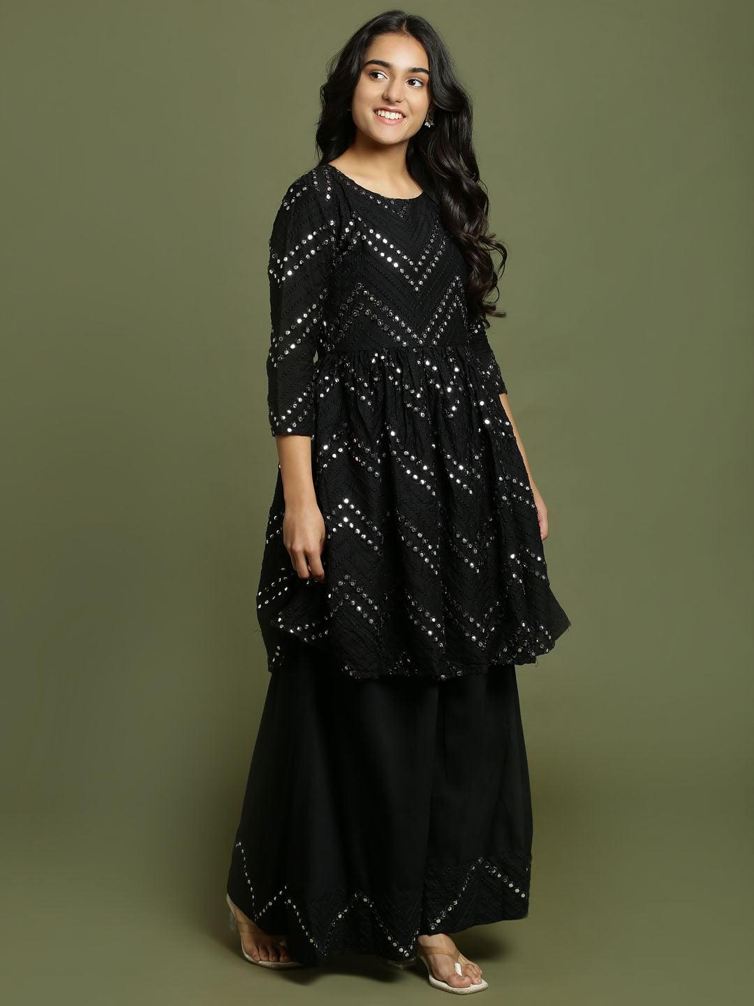 Yuva By VASTRAMAY Girl's Black Mirror Work Flared Kurta And Long Skirt Set - qivii