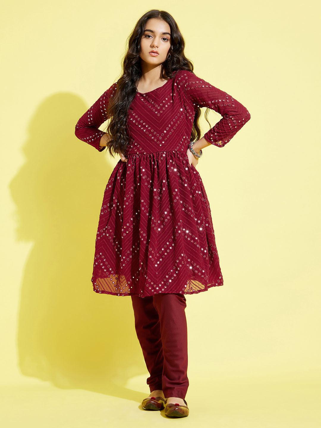 YUVA BY VASTRAMAY Girl's Maroon Mirror Kurta Pyjama Set - qivii