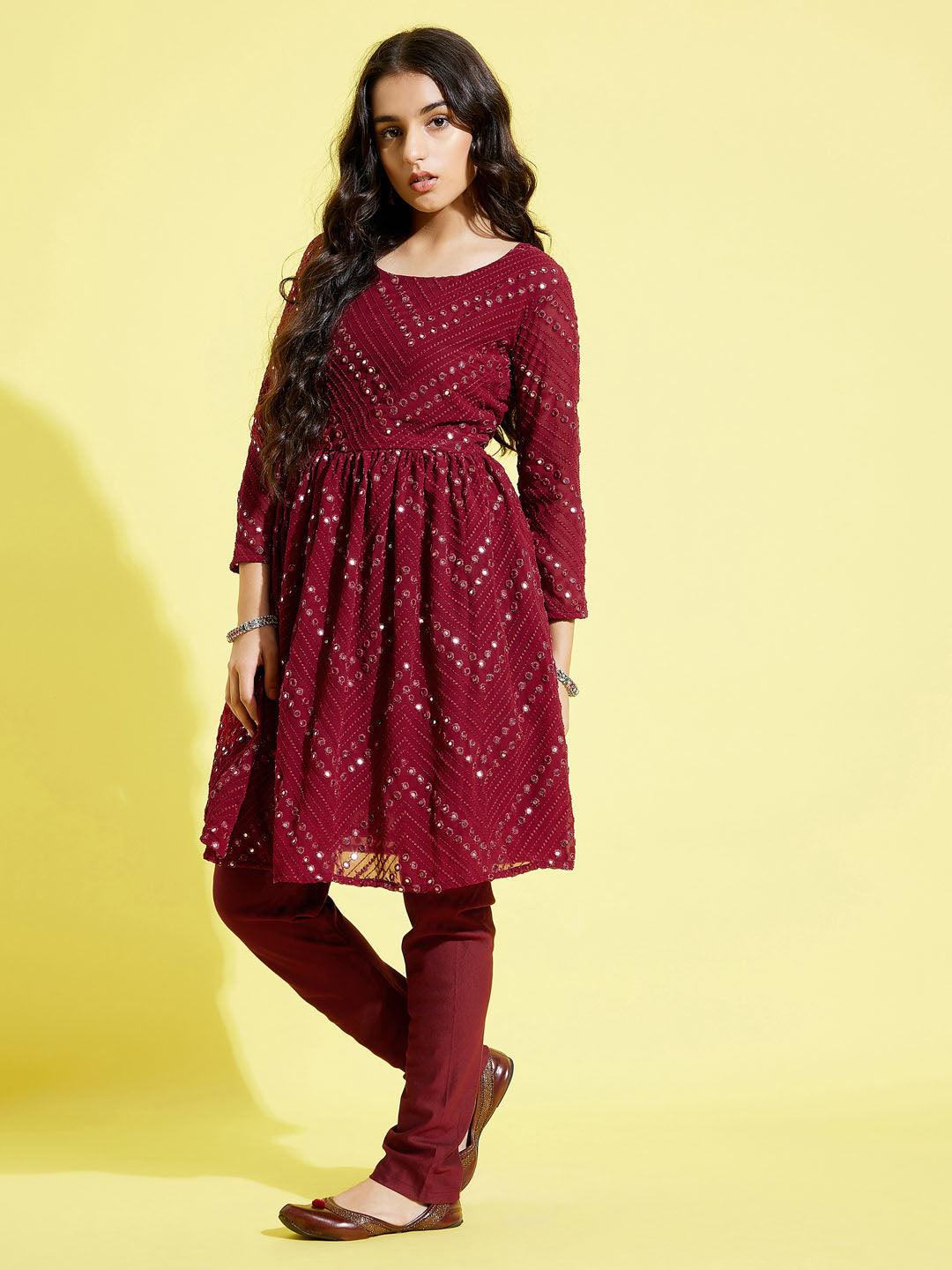 YUVA BY VASTRAMAY Girl's Maroon Mirror Kurta Pyjama Set - qivii